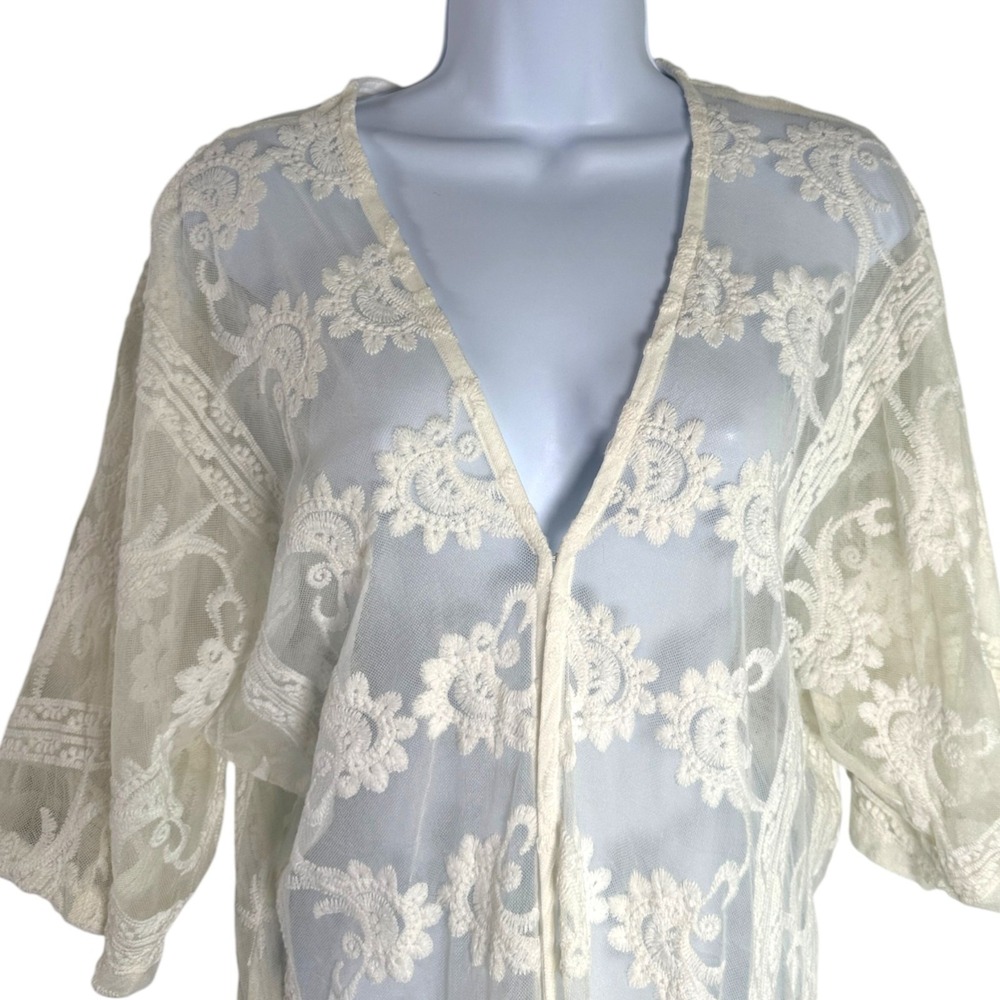 Sheer Lace Kimono Swim Cover Up Sz XS Fringe Hem Ivory Boho Festival Beach Layer - Picture 3 of 8